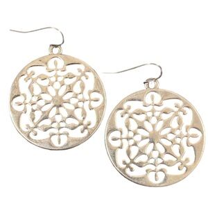 Elegant Silver Plated Cut Out Scroll Medallion Circle Drop Earrings